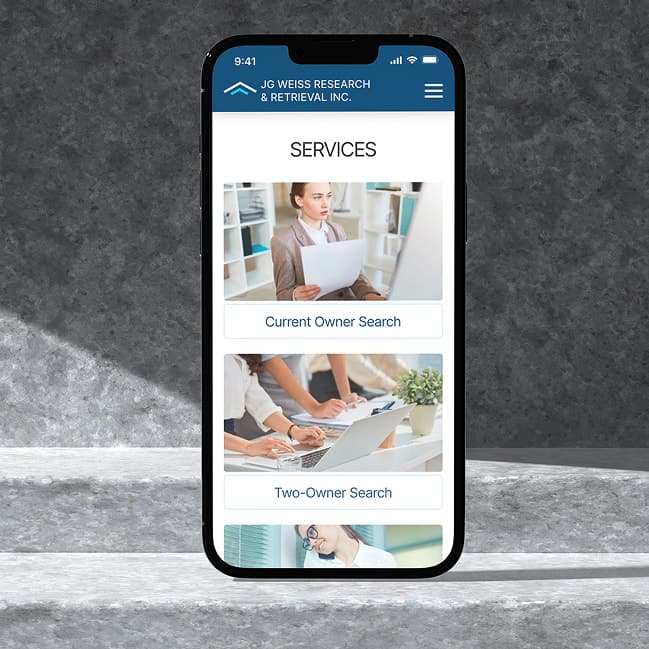 Smartphone with JG WEISS RESEARCH & RETRIEVAL INC site
